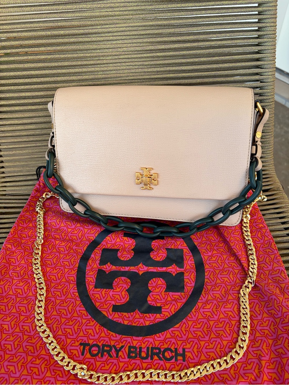 EUC Tory Burch Pink Beige Leather Bag with Chain Handle & Gold Crossbody